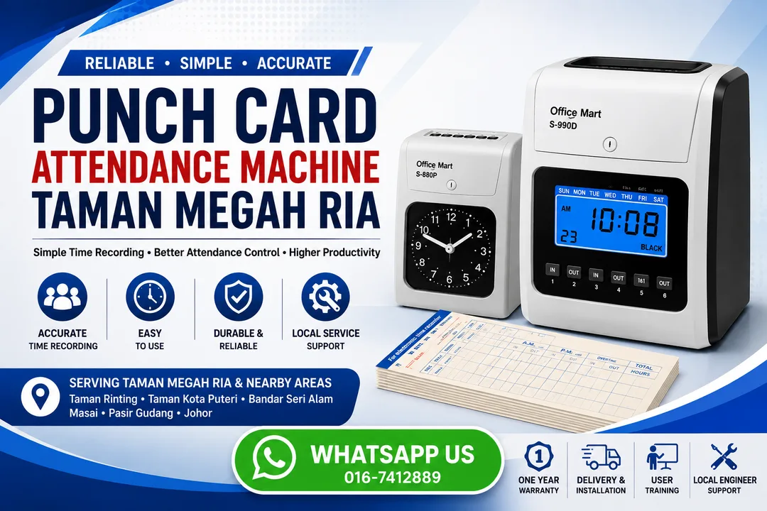 Heavy-duty electronic analog punch card attendance machine with 2-color ribbon printing and internal battery backup supplied by Mega Ria Trading in Taman Megah Ria, Masai, Johor.